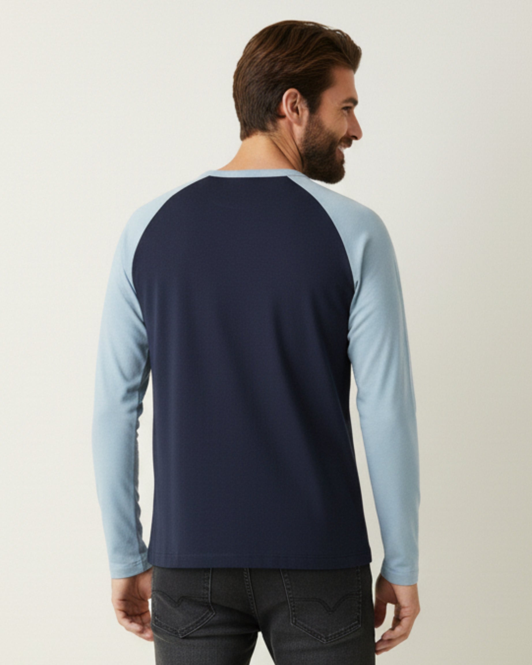 Navy & Light Blue Contrast Sleeve Tee – Men’s Cotton Color‑Block Full Sleeve