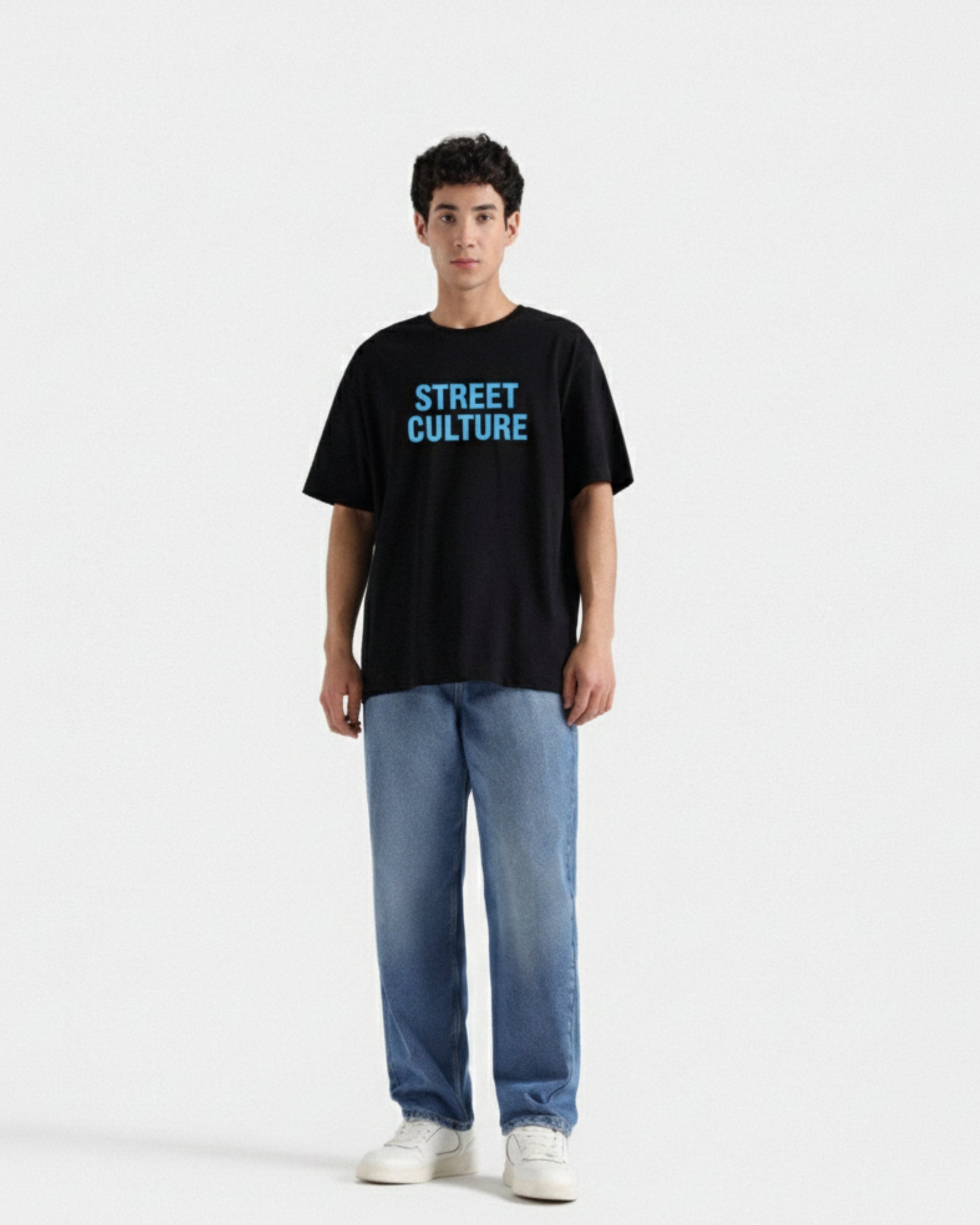 Black Drop Shoulder Tee WIth Blue Craft