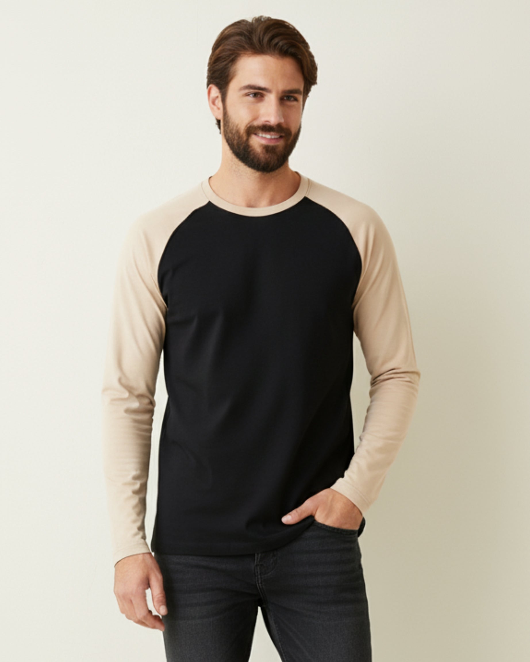 Skin Black Full Sleeve Tee – Men’s Black Raglan Long-Sleeve Cotton Shirt