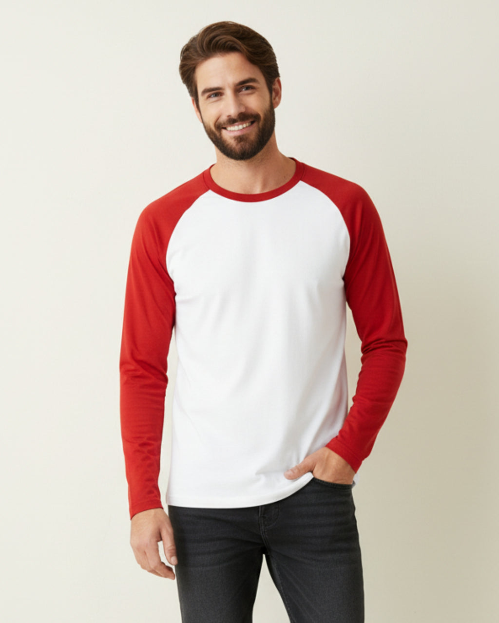 Red & White Full Sleeve Tee – Men’s Cotton Raglan Long-Sleeve Shirt