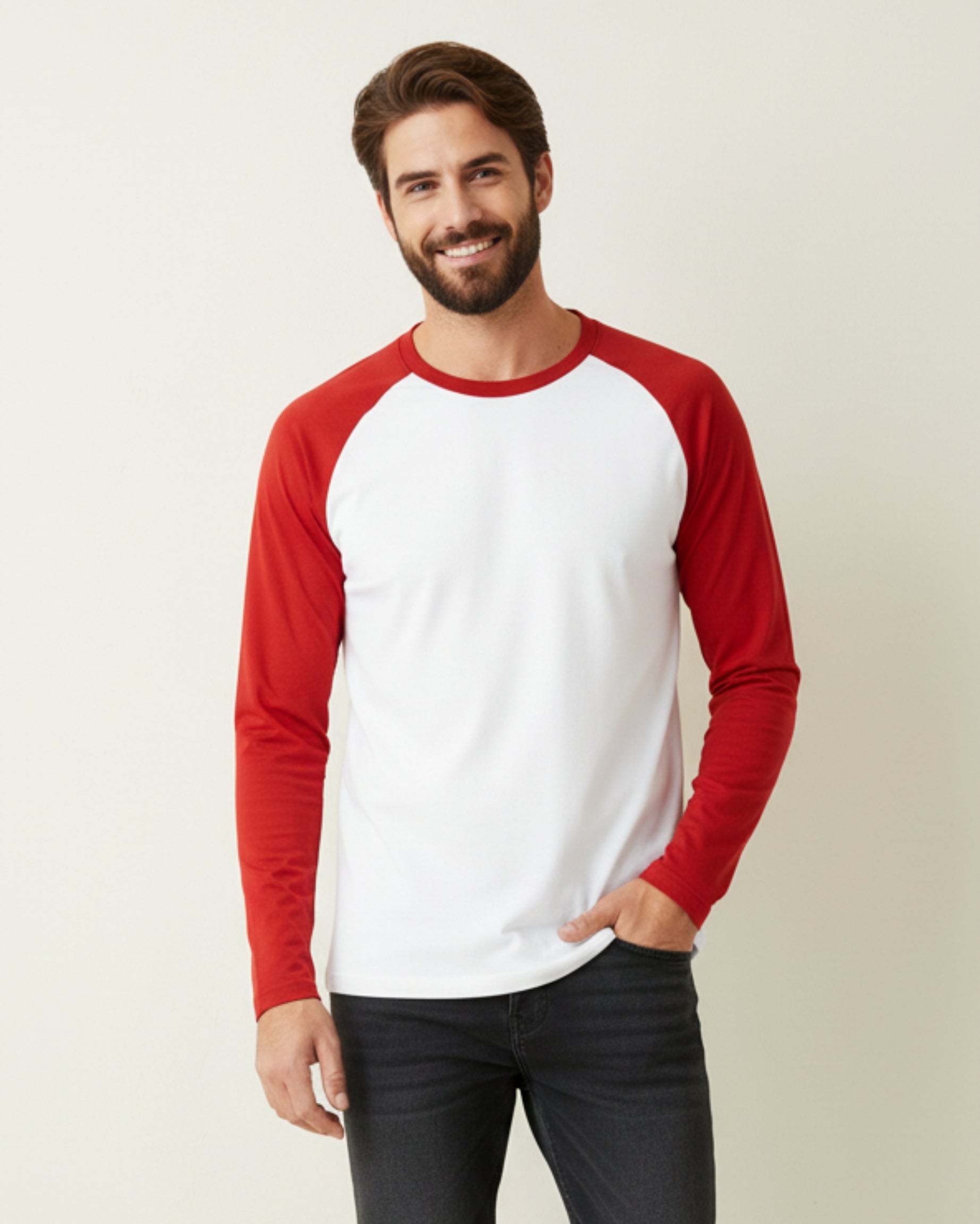 Red & White Full Sleeve Tee – Men’s Cotton Raglan Long-Sleeve Shirt