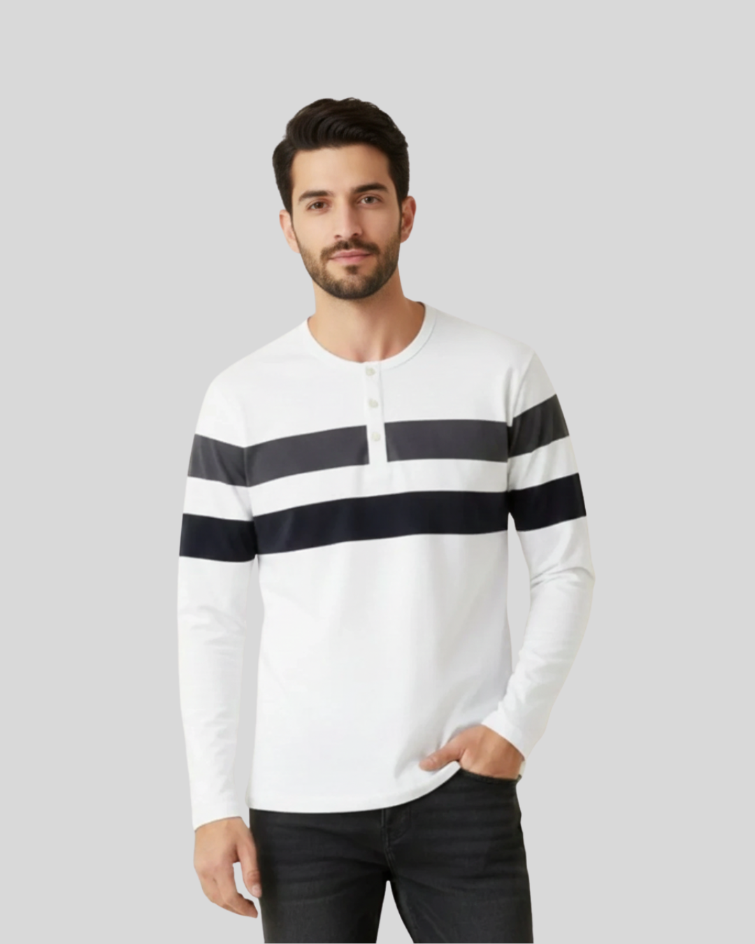 White Tee with Grey & Navy Stripes – Men’s Cotton Full‑Sleeve Henley