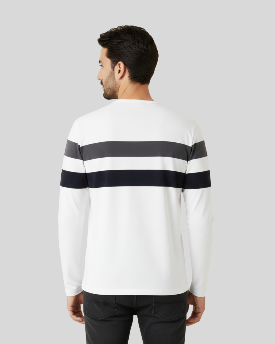 White Tee with Grey & Navy Stripes – Men’s Cotton Full‑Sleeve Henley