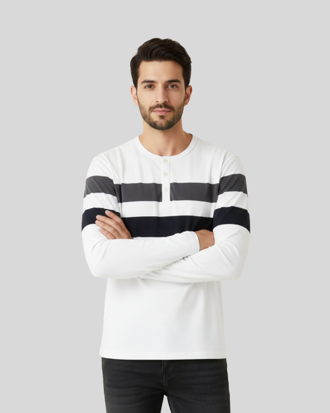 White Tee with Grey & Navy Stripes – Men’s Cotton Full‑Sleeve Henley
