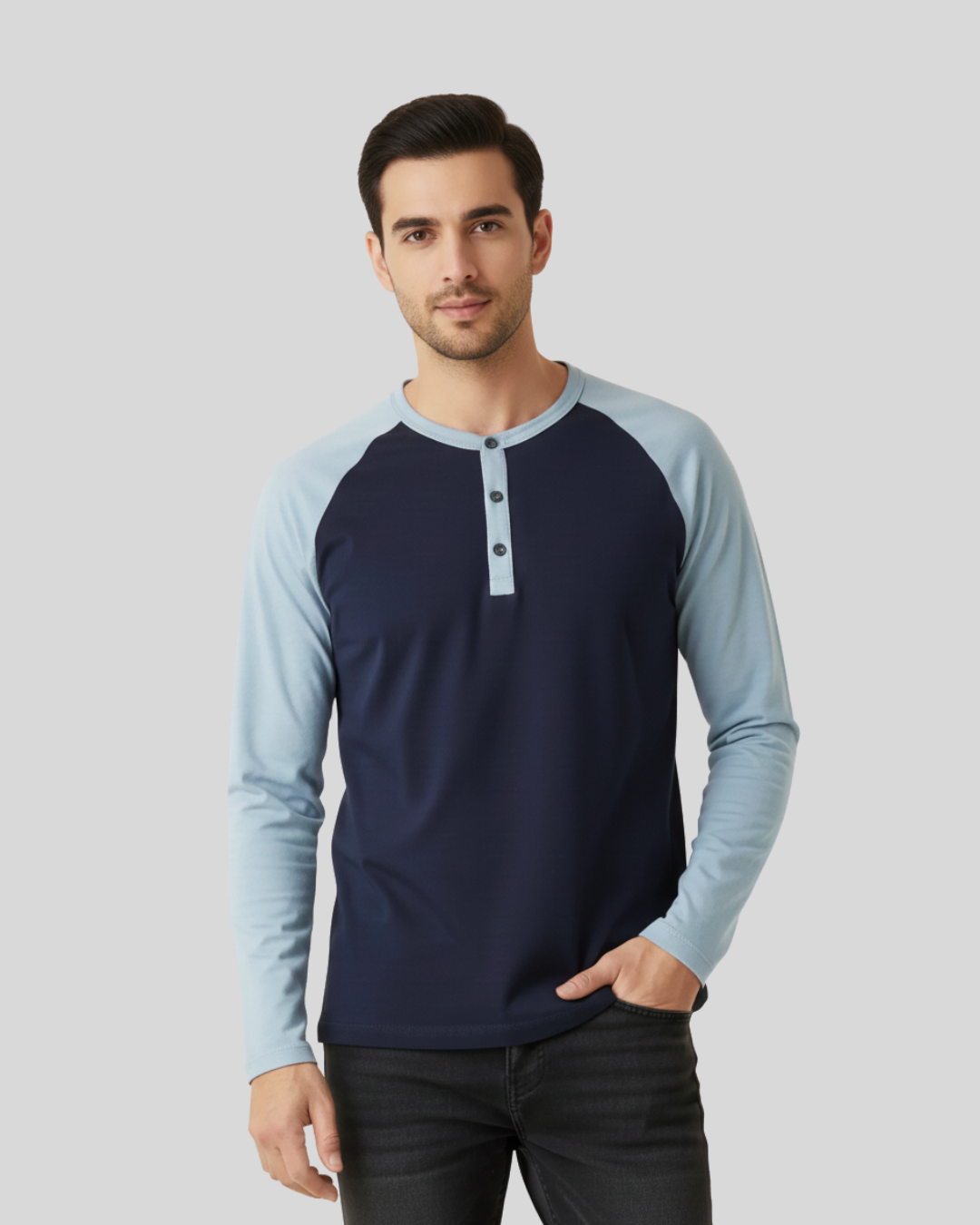 Navy & Light Blue Contrast Sleeve Tee – Men’s Cotton Color‑Block Full Sleeve