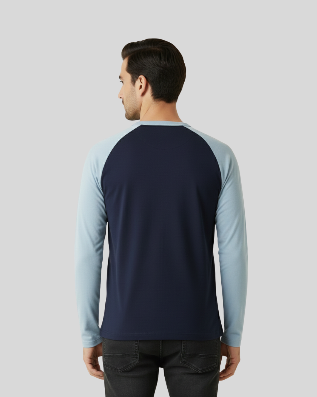 Navy & Light Blue Contrast Sleeve Tee – Men’s Cotton Color‑Block Full Sleeve