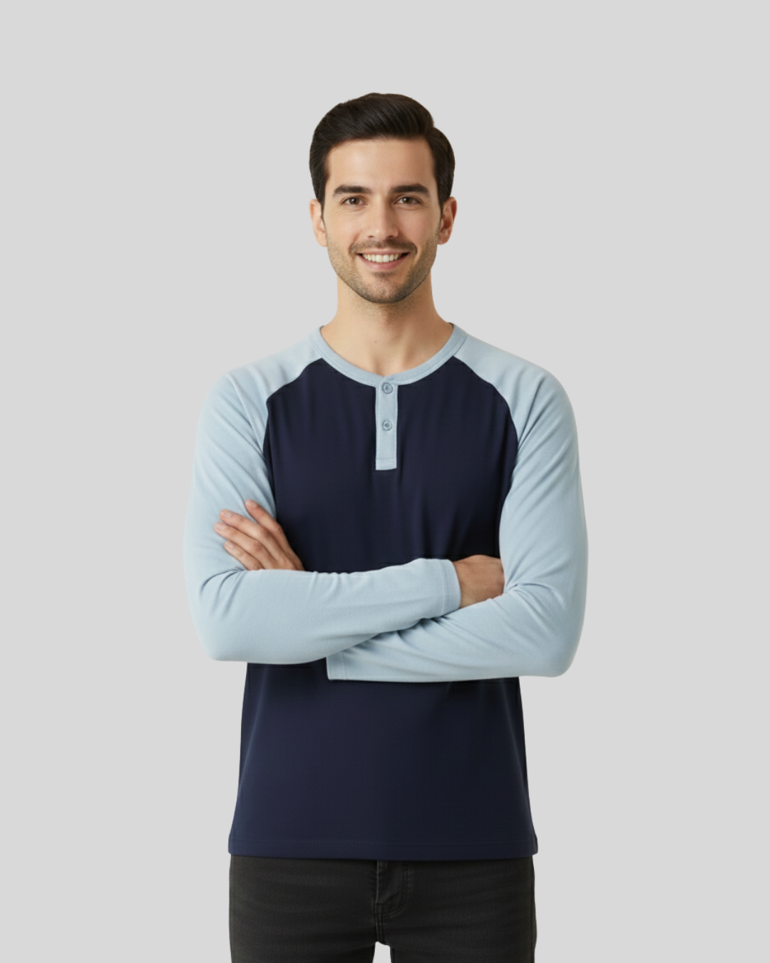 Navy & Light Blue Contrast Sleeve Tee – Men’s Cotton Color‑Block Full Sleeve