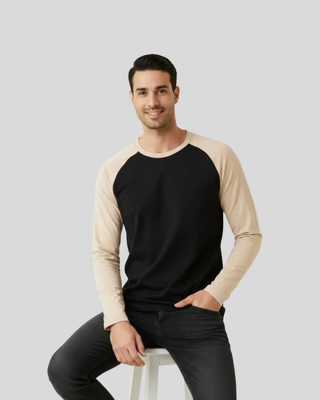Skin Black Full Sleeve Tee – Men’s Black Raglan Long-Sleeve Cotton Shirt