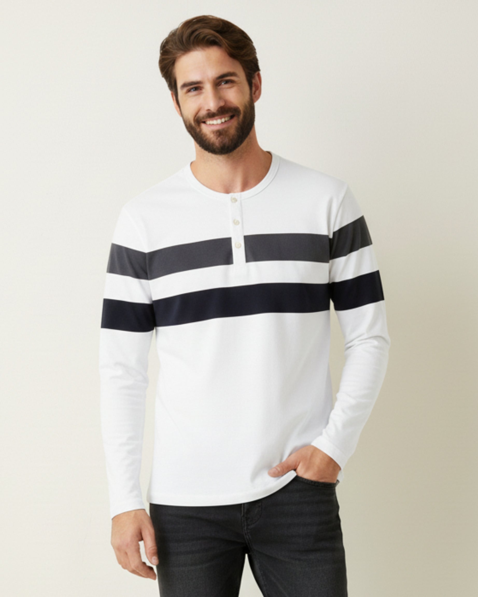 White Tee with Grey & Navy Stripes – Men’s Cotton Full‑Sleeve Henley
