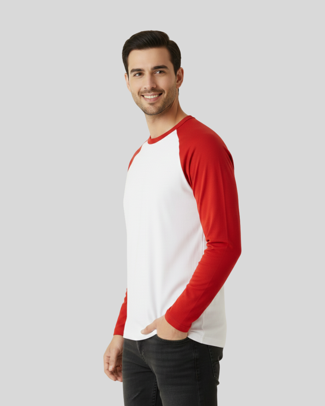 Red & White Full Sleeve Tee – Men’s Cotton Raglan Long-Sleeve Shirt