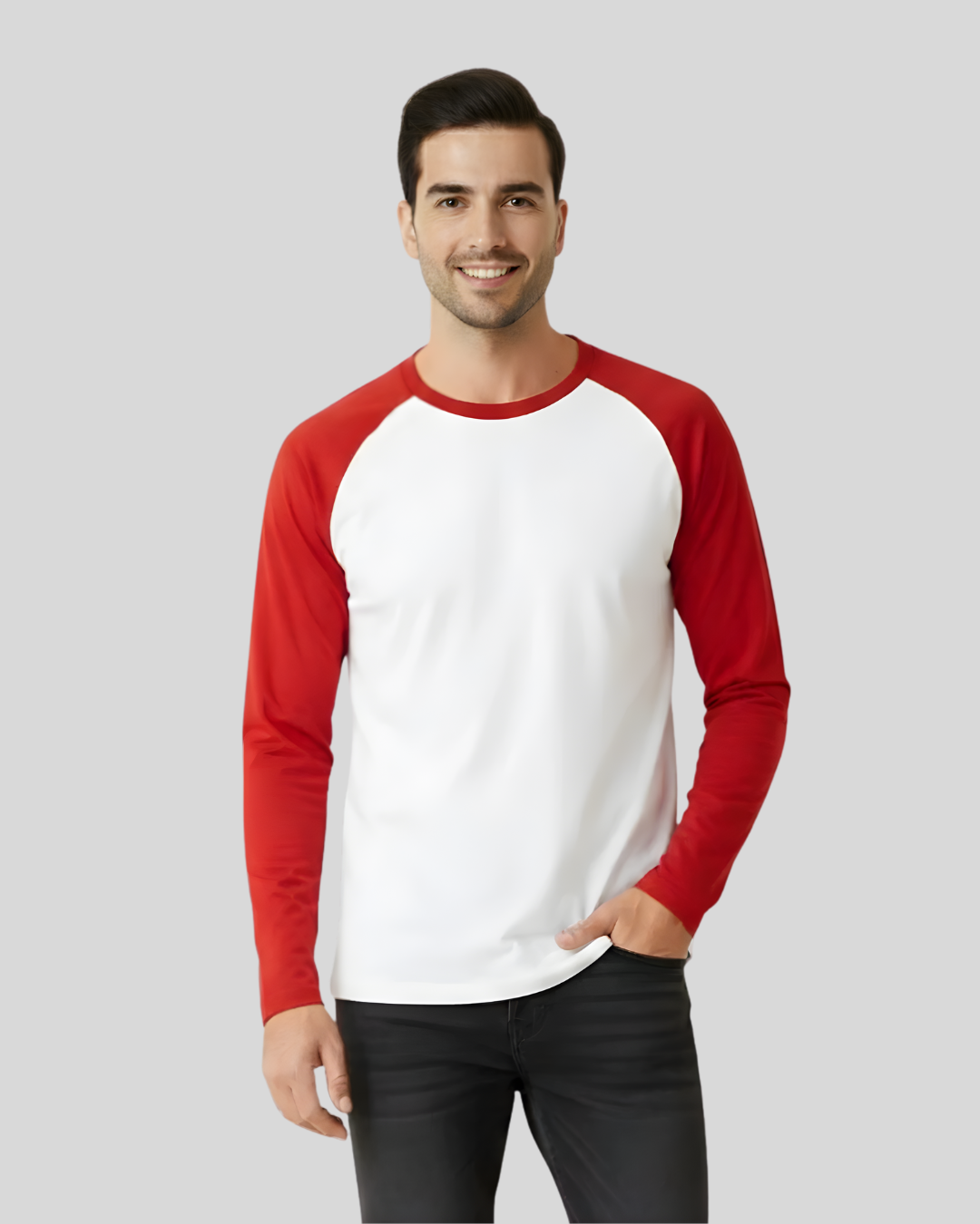 Red & White Full Sleeve Tee – Men’s Cotton Raglan Long-Sleeve Shirt