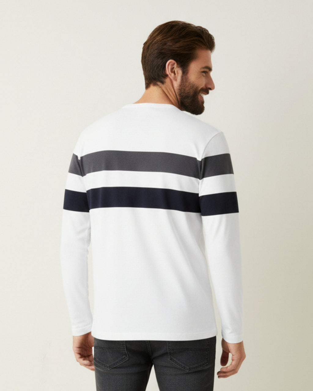 White Tee with Grey & Navy Stripes – Men’s Cotton Full‑Sleeve Henley