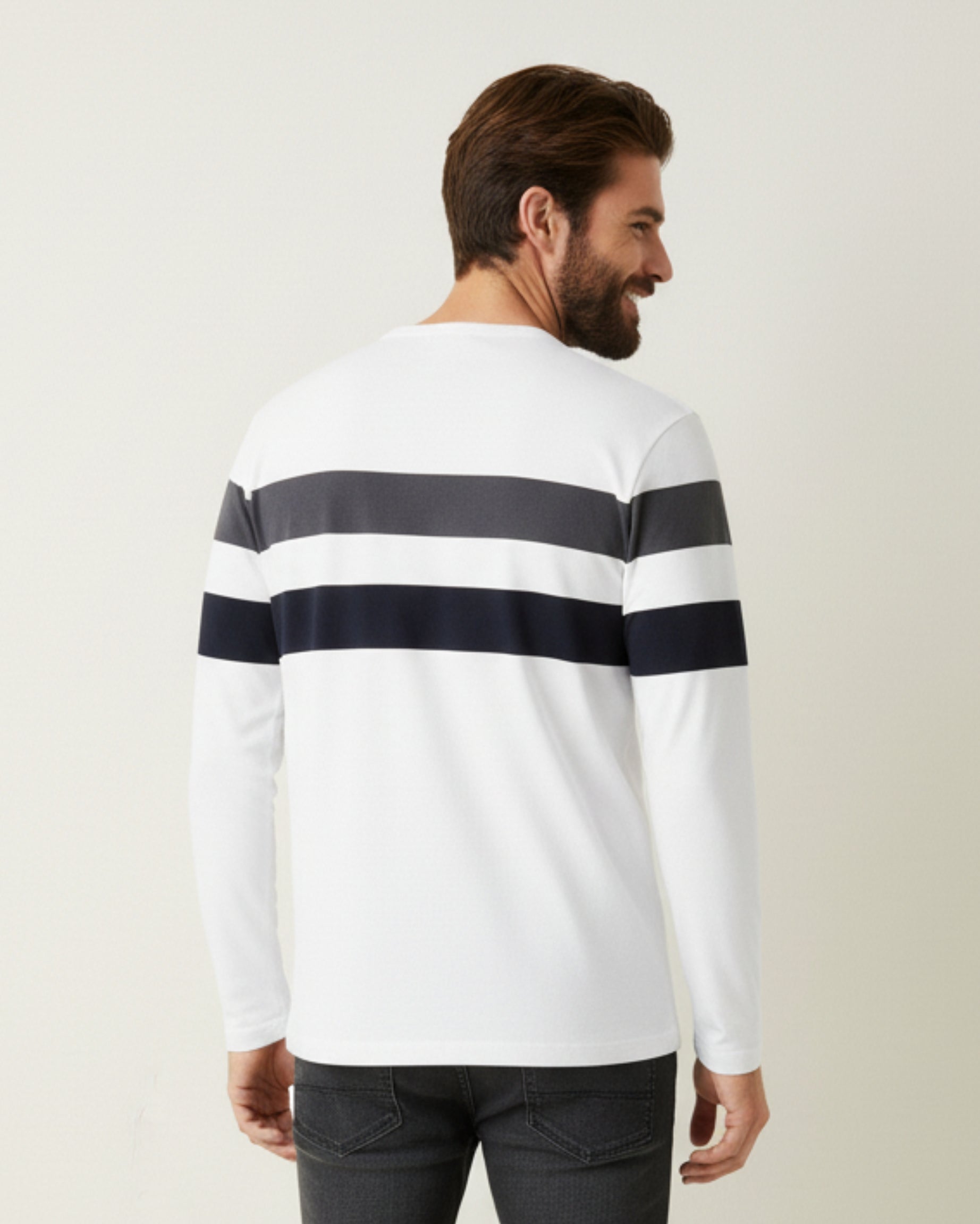 White Tee with Grey & Navy Stripes – Men’s Cotton Full‑Sleeve Henley