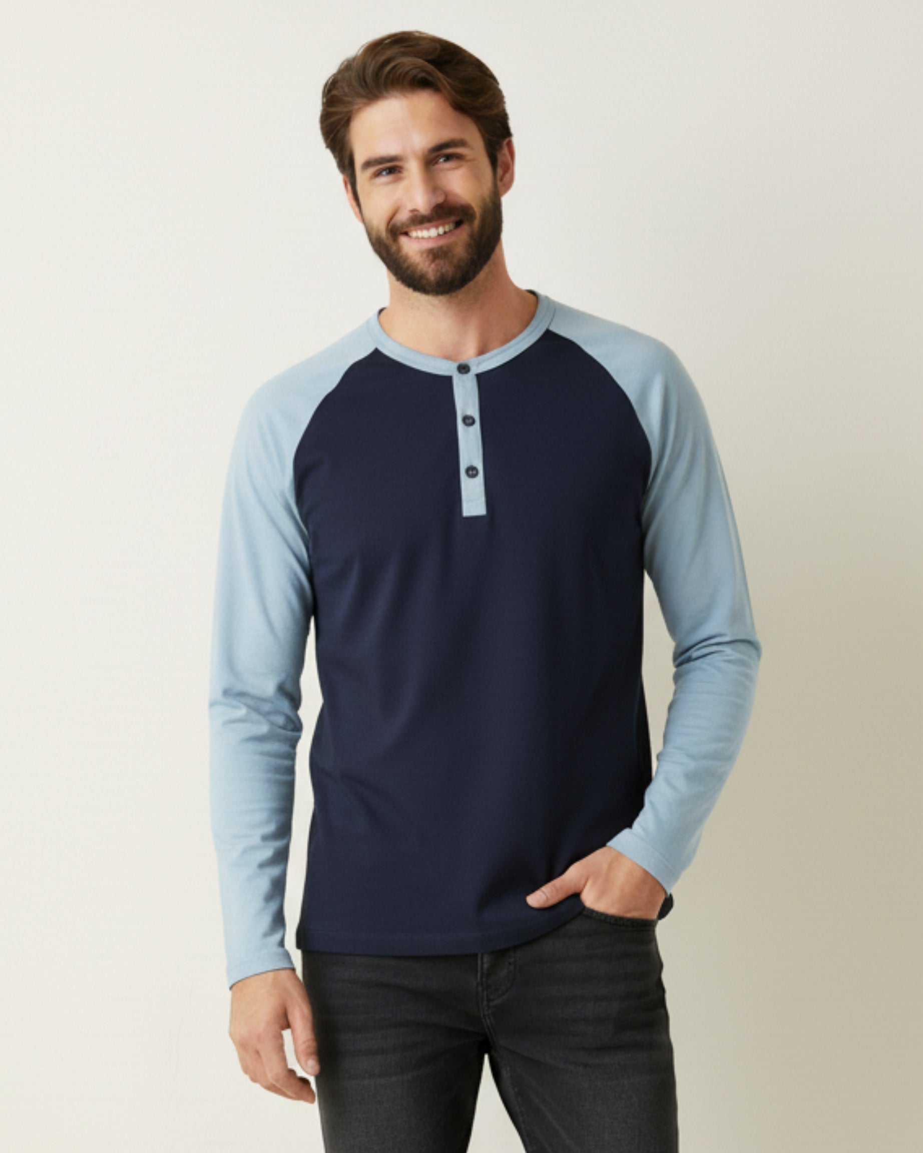 Navy & Light Blue Contrast Sleeve Tee – Men’s Cotton Color‑Block Full Sleeve