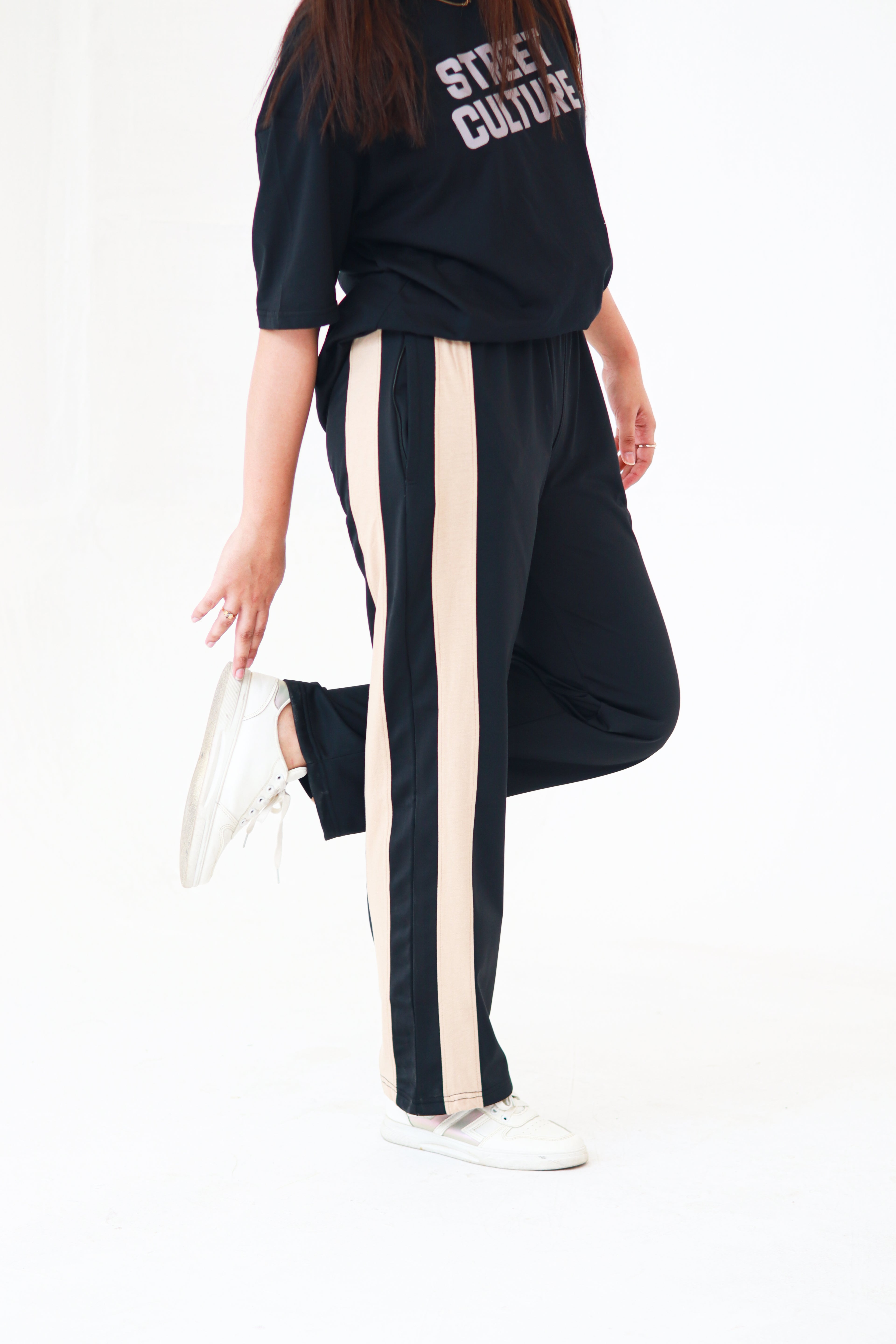 Black Baggy Trouser With Brown Strips