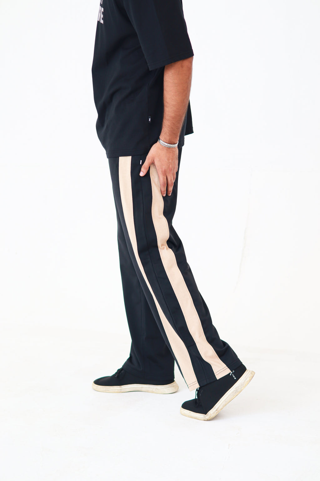 Black Baggy Trouser With Brown Strips