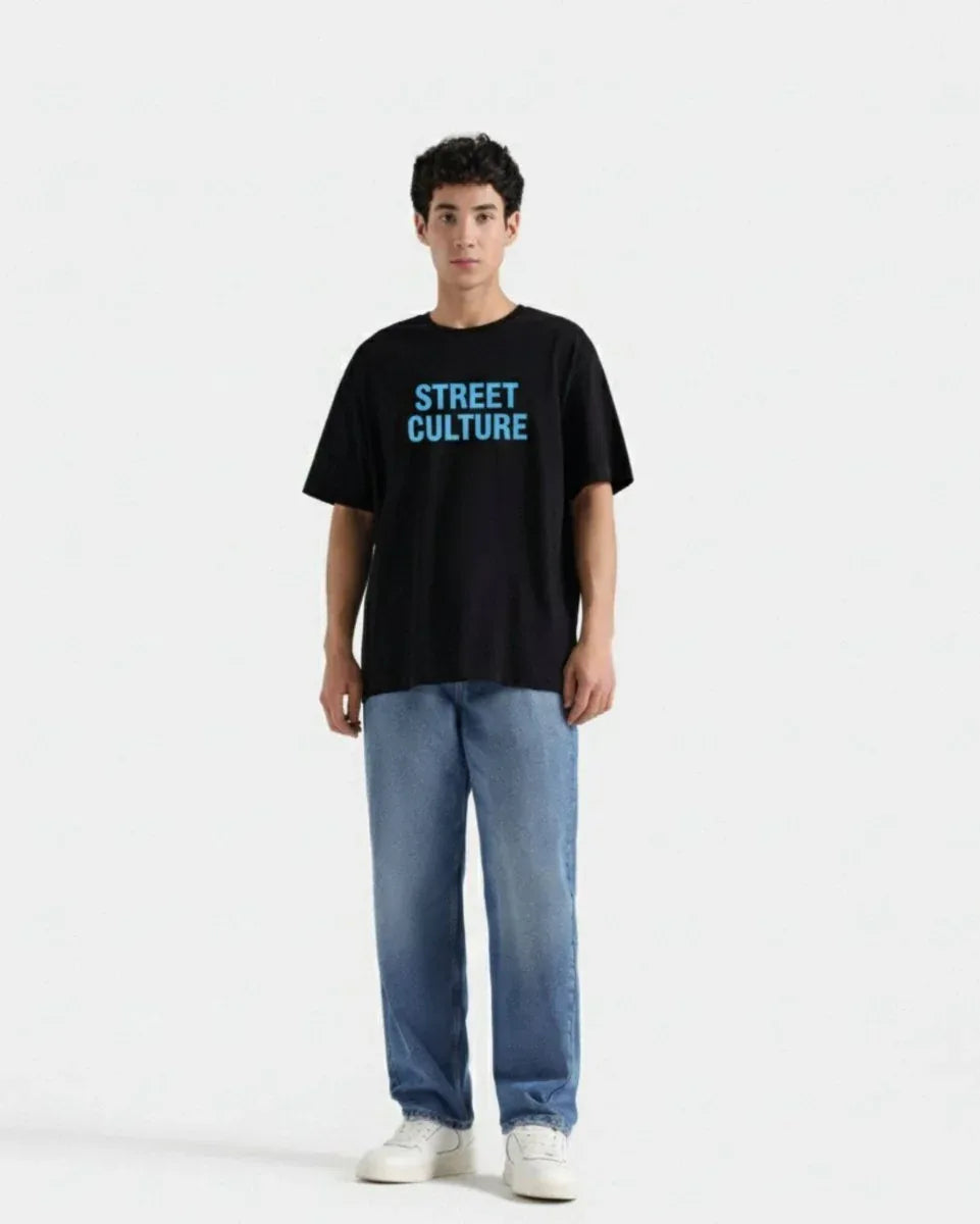 Black Drop Shoulder Tee WIth Blue Craft - Street Dope